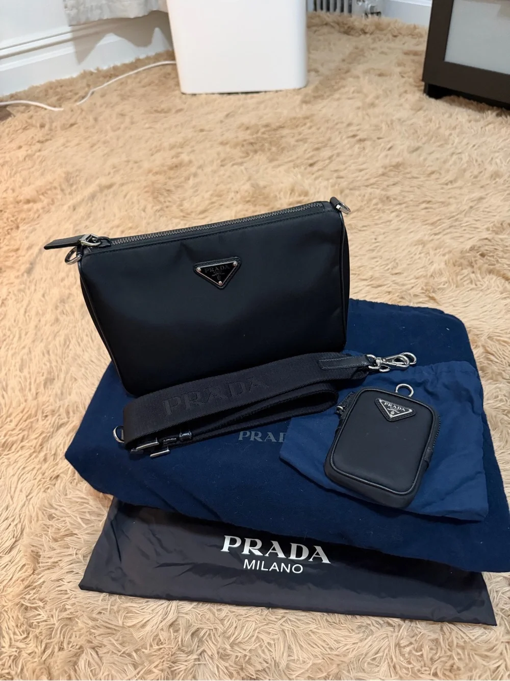 Prada Black Nylon Messenger Bag with Detachable Logo Strap and Pouch